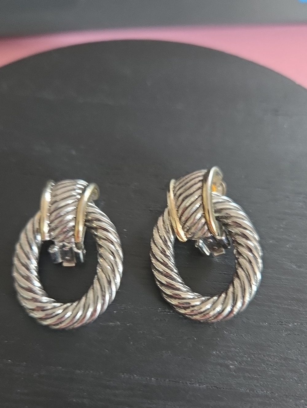 Brighton Two-Tone Oxidized Silver Rope Oval Clip Earrings - Silver and Gold